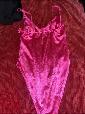 Hot Pink Satin Slip Bodysuit Size Large. Small fuzzy on r cup.